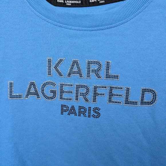 Karl Lagerfeld Rhinestone Logo Puff Shoulder 3/4 sleeve sweater Sz S - Picture 3 of 15
